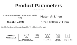 Detailed chart showing 180x33cm linen Christmas table runner specs and washing care instructions