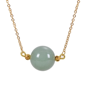 Detail of 16mm round green aventurine stone pendant on a delicate gold link chain