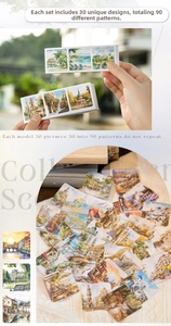 Detailed view of 30 sets of watercolor travel scenery stickers featuring 90 unique designs