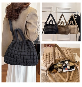 Three colors of quilted puffer tote bags showing large capacity and internal storage
