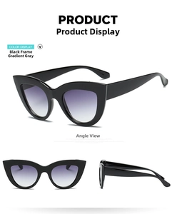 Detailed multi-angle views of vintage cat eye sunglasses with thick black frames and grey lenses