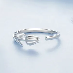 Romantic tulip flower open ring in S925 sterling silver with adjustable band for women