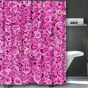 Close-up of waterproof polyester shower curtain featuring dense pink rose floral patterns