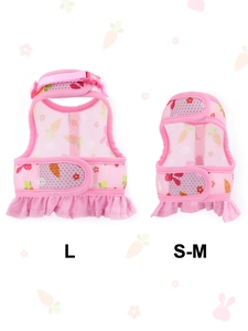 Pink mesh pet harness with carrot floral print and ruffle trim in size L and S-M