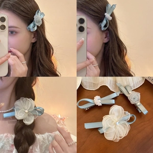 Duckbill Hair Clip With Mesh Flower Satin Bow Faux Artificial Pearl Rhinestone Elegant Fashion Headwear For Women