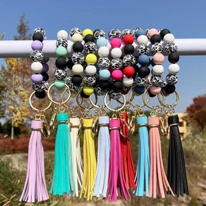 Luipaardprint Siliconen Kralen Armband Sleutelhanger Met PU Kwastje Metalen Ring Sleutelhouder Voor Dames Heren Sieraden