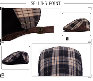 Detail of plaid newsboy cap showing corduroy patchwork and adjustable metal buckle