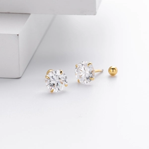Detail view of S925 sterling silver screw back stud earrings with round cubic zirconia