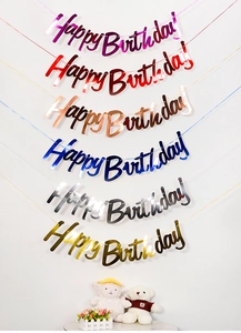 Multiple color options of metallic cursive Happy Birthday banners for party decoration