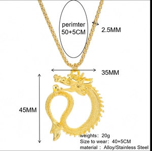 Detailed size guide of gold dragon pendant with stainless steel chain dimensions and weight