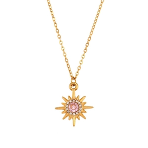 18K gold-plated stainless steel necklace with pink zircon sunburst pendant and white crystals