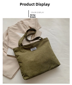 Army green corduroy tote bag detail with brand label and large capacity design