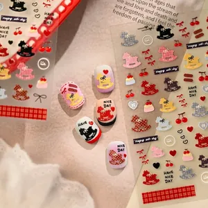 Cute pony and retro plaid nail stickers with bows and cherry designs for DIY manicure