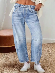 Women's High Waist Wide Leg Denim Jeans Vintage Washed Straight Loose Long Pants Light Blue Fashion