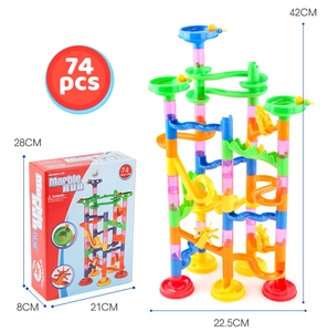 74-piece colorful marble run toy set with dimensions and box packaging details