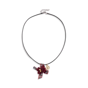 Vintage bear pendant necklace with red checkered bow and golden heart charm on black cord