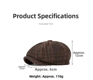 Detailed size specifications for the brown plaid wool newsboy cap with measurements