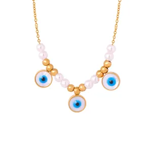 Evil Eye Pendant Necklace Titanium Steel Gold Plated Faux Artificial Pearl Beaded Retro Boho Jewelry For Women