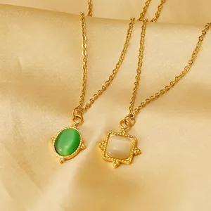 Vintage Pendant Necklace 18K Gold Plated Stainless Steel Natural Cat Eye Stone Oval Square Geometric Jewelry For Women