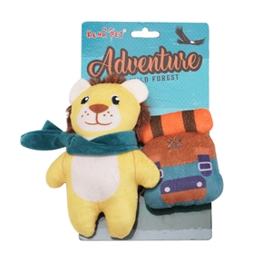 Plush lion dog squeaky toy set with mini backpack and green scarf forest series