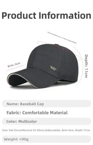 Detail view of grey business baseball cap showing metal SPORTS STYLE logo and size specs