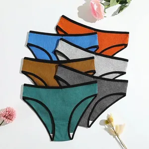 Women Ribbed Cotton Panties Low Waist Breathable Contrast Binding Solid Color Rib Knit Briefs Comfortable Underwear