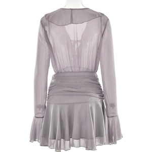 Back view of gray purple chiffon dress with ruffled hem and shirred waist detail