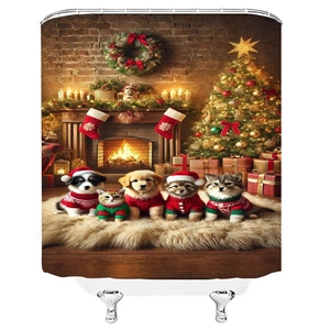 Christmas shower curtain with cute puppies and kittens by a cozy fireplace and tree