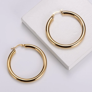 Hollow Hoop Earrings 18K Gold Plated Stainless Steel Thick Round Wire Polished Punk Minimalist For Women
