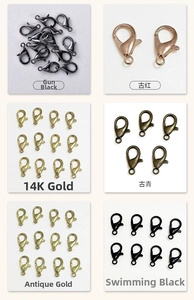 Detail view of alloy lobster clasps in six metallic finishes for DIY jewelry making
