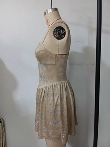 Detail of champagne sequin dress featuring silver butterfly rhinestone patterns and pleated hem
