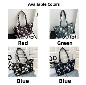 Detail showing skull and floral print tote bags in red, green, yellow and blue colors
