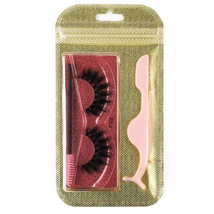 Detailed set of 3D voluminous false eyelashes with pink brush and applicator tool