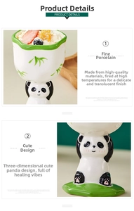Detail of creative ceramic panda dessert cup with bamboo leaf pattern and 3D panda base