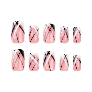 Short square press-on nails with pink base and black-white geometric pattern, 10-piece set