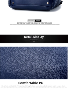 Macro shot of dark blue PU leather texture and metal feet on casual shoulder bag