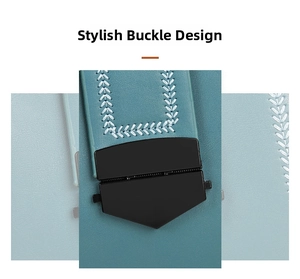 Detail of teal leather bag with white herringbone stitching and black matte buckle