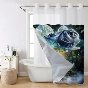 Detailed macro view of 3D blue rose print and metal grommets on waffle shower curtain