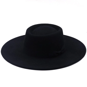 Chapeau classique en laine noire avec bord large de 9,5 cm et ruban assorti pour hommes et femmes