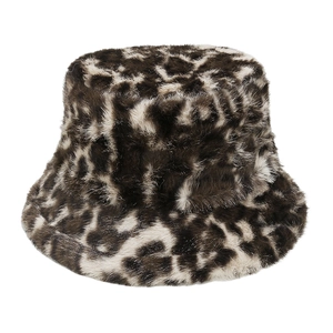 Close-up of leopard print faux fur bucket hat showing soft winter plush texture