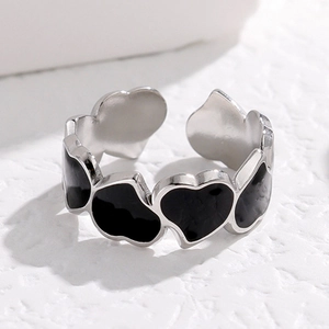 Minimalist adjustable stainless steel open ring with black enamel heart pattern