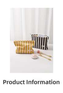 Detailed shot of striped canvas cosmetic bags in yellow and black with metal zippers