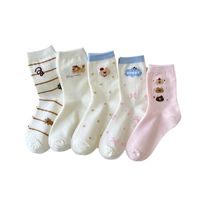 5-pack cute cotton socks with dog and bear patterns in cream and pink colors