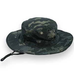 Outdoor camouflage sun hat with wide brim, breathable vents and adjustable chin strap