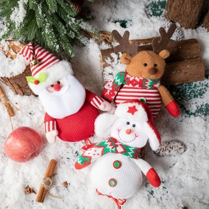 Charming Christmas plush gift bags featuring Santa, Reindeer, and Snowman on snow