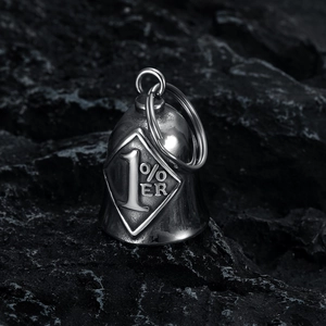 Detail shot of vintage 1% ER stainless steel motorcycle guardian bell on black rock