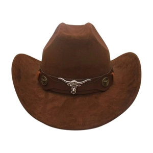 Traditional Western style brown suede cowboy hat with metallic longhorn bull head ornament
