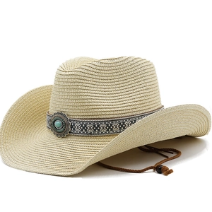 Western Cowboy Straw Hat With Ethnic Band Turquoise Decor Wide Brim Sun Protection For Outdoor Performance