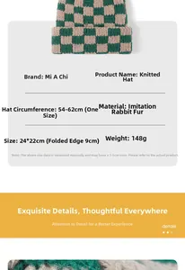 Size chart for green and white checkered knit beanie with rabbit fur blend texture