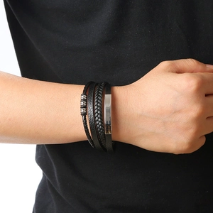 Men's multi-layer black braided leather bracelet with silver metal beads and magnetic clasp